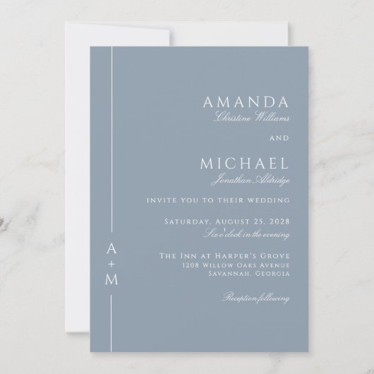 Invitation Simple Dusty Bleu Élégant Monogramme Mariage class (Devant)