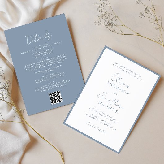 Invitation Simple Dusty Blue Border Script QR Code Mariage