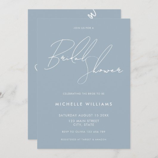 Invitation Simple Dusty Blue Elegant Script Fête des mariées (Devant / Derrière)