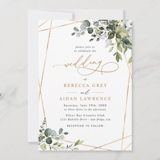 Invitation Simple Dusty Blue Eucalyptus Mariage or vert (Devant)