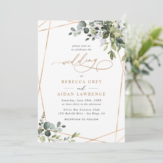 Invitation Simple Dusty Blue Eucalyptus Mariage or vert (Debout devant)