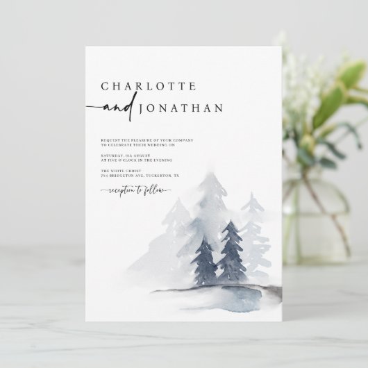 Invitation Simple Dusty Blue Mountain QR Code Mariage (Debout devant)