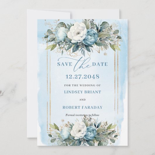 Invitation Simple Dusty Blue White Gold Peonies Enregistrer L (Devant)