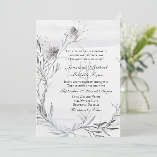 Invitation Simple Dusty Grey Crayon Fleurs Mariage chrétien (Debout devant)