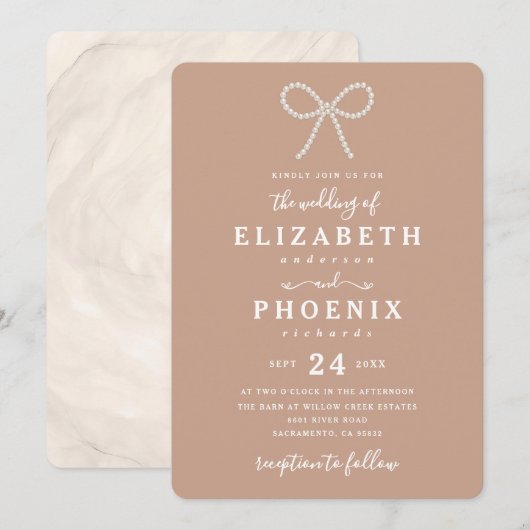 Invitation Simple Dusty Peach Pearl Bow Trendy Wedding (Devant / Derrière)