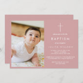 Invitation Simple Dusty rose Baptême photo (Devant / Derrière)