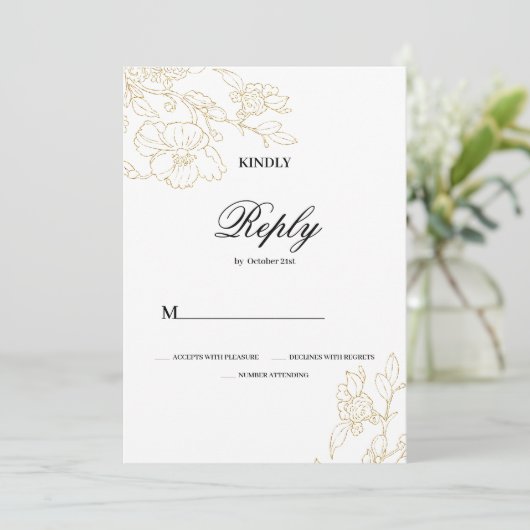 Invitation Simple élégance blanc or floral Mariage RSVP (Debout devant)