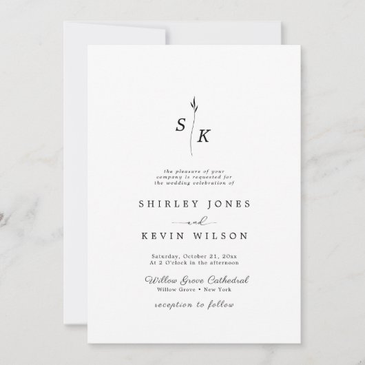 Invitation Simple Elegance Feuille Monogram Mariage chic (Devant)