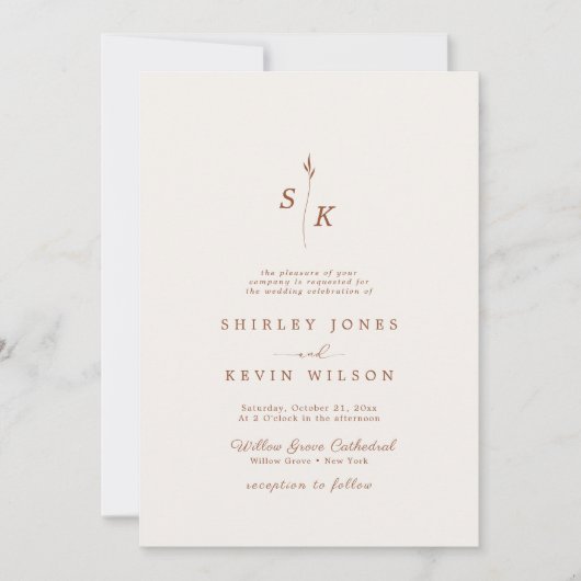 Invitation Simple Elegance Leaf Monogram Chic Cream Mariage (Devant)