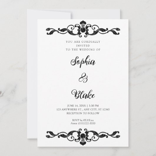 Invitation Simple Elegance Noir et Blanc Art Déco Mariage (Devant)