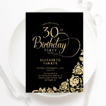 Invitation Simple Elégant 30e anniversaire Black Gold Roses<br><div class="desc">Simple et élégante invitation de fête de 30ème anniversaire en noir et or. Design classique avec rose, faux feuille d'or et police de script de typographie. Carte invitation tendance parfaite pour une célébration anniversaire élégante. Personnalisez avec vos propres détails. Peut être customisé à n'importe quel âge. Invitations Zazzle imprimées ou...</div>