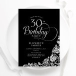 Invitation Simple Elégant 30e anniversaire Black Silver Roses<br><div class="desc">Simple et élégante invitation de fête de 30ème anniversaire en noir et argent. Design classique avec rose, faux feuille argent et police de script de typographie. Carte invitation tendance parfaite pour une célébration anniversaire élégante. Personnalisez avec vos propres détails. Peut être customisé à n'importe quel âge. Invitations Zazzle imprimées ou...</div>