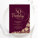 Invitation Simple Elégant 30e Anniversaire Bourgogne Or<br><div class="desc">Simple et élégante invitation à la fête du 30e anniversaire en bordeaux et or. Design classique avec rose, faux feuille d'or et police de script de typographie. Carte invitation tendance parfaite pour une célébration anniversaire élégante. Personnalisez avec vos propres détails. Peut être customisé à n'importe quel âge. Invitations Zazzle imprimées...</div>