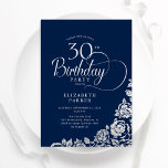 Invitation Simple Elégant 30e anniversaire Marine Roses d'arg<br><div class="desc">Simple et élégante invitation de fête de 30e anniversaire en marine et argent. Design classique avec rose, faux feuille argent et police de script de typographie. Carte invitation tendance parfaite pour une célébration anniversaire élégante. Personnalisez avec vos propres détails. Peut être customisé à n'importe quel âge. Invitations Zazzle imprimées ou...</div>