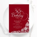 Invitation Simple élégant 30e anniversaire Roses d'argent rou<br><div class="desc">Simple et élégante invitation de fête de 30e anniversaire en rouge et argent. Design classique avec rose, faux feuille argent et police de script de typographie. Carte invitation tendance parfaite pour une célébration anniversaire élégante. Personnalisez avec vos propres détails. Peut être customisé à n'importe quel âge. Invitations Zazzle imprimées ou...</div>