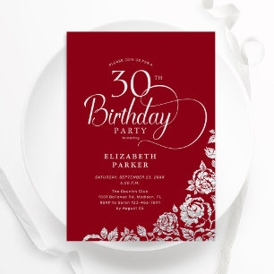 Invitation Simple élégant 30e anniversaire Roses d'argent rou