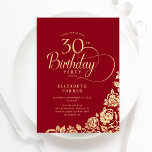 Invitation Simple élégant 30e anniversaire Roses d'or rouge<br><div class="desc">Simple et élégante invitation de fête de 30ème anniversaire en rouge et or. Design classique avec rose, faux feuille d'or et police de script de typographie. Carte invitation tendance parfaite pour une célébration anniversaire élégante. Personnalisez avec vos propres détails. Peut être customisé à n'importe quel âge. Invitations Zazzle imprimées ou...</div>
