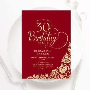 Invitation Simple élégant 30e anniversaire Roses d'or rouge