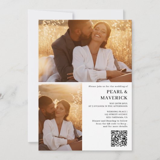 Invitation Simple élégant 3 photo code qr noir blanc mariage (Devant)