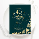 Invitation Simple élégant 40e anniversaire Emerald Green Gold<br><div class="desc">Simple et élégante invitation de fête de 40e anniversaire en vert émeraude et or. Design classique avec rose, faux feuille d'or et police de script de typographie. Carte invitation tendance parfaite pour une célébration anniversaire élégante. Personnalisez avec vos propres détails. Peut être customisé à n'importe quel âge. Invitations Zazzle imprimées...</div>