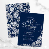 Invitation Simple élégant 40e anniversaire Marine Roses d'arg