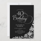 Invitation Simple élégant 40e anniversaire Noir Roses d'argen (Devant)