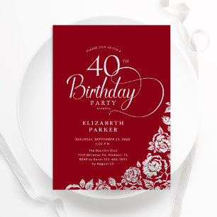 Invitation Simple élégant 40e anniversaire Roses d'argent rou