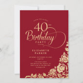 Invitation Simple élégant 40e anniversaire Roses d'or rouge (Devant)