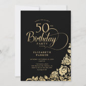 Invitation Simple élégant 50e anniversaire Black Gold Roses (Devant)