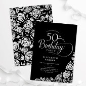 Invitation Simple élégant 50e anniversaire Noir Roses d'argen