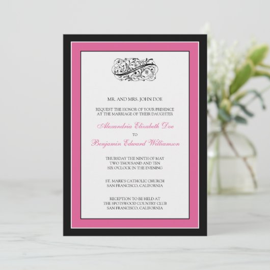 Invitation Simple Elegant 5x7 Noir / Fuschia Mariage Inviter (Debout devant)