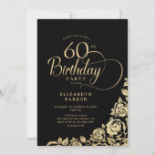 Invitation Simple élégant 60e anniversaire Black Gold Roses (Devant)