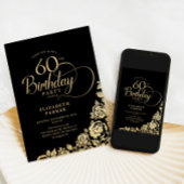 Invitation Simple élégant 60e anniversaire Black Gold Roses