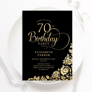 Invitation Simple élégant 70e anniversaire Black Gold Roses