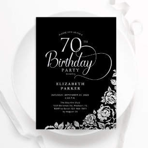 Invitation Simple élégant 70e anniversaire Noir Roses d'argen