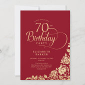 Invitation Simple élégant 70e anniversaire Roses d'or rouge (Devant)