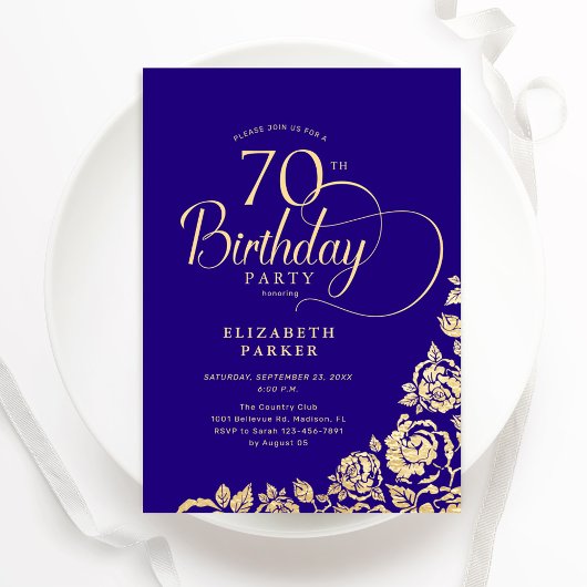 Invitation Simple Élégant 70e Anniversaire Roses Violettes Or