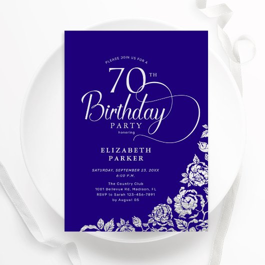 Invitation Simple élégant 70e anniversaire violet Roses d'arg