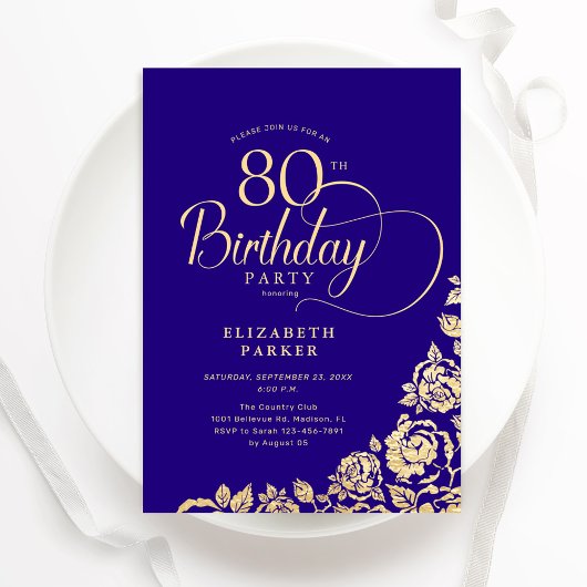 Invitation Simple Elégant 80e anniversaire Roses d'or violet