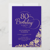 Invitation Simple Elégant 80e anniversaire Roses d'or violet (Devant)