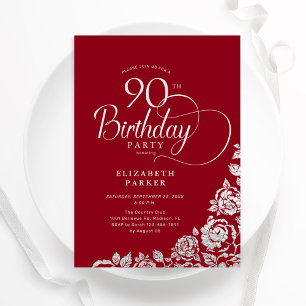 Invitation Simple élégant 90e anniversaire Roses d'argent rou