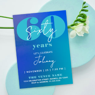 Invitation Simple Élégant Amusant Bleu Blanc 60 ans Typograph