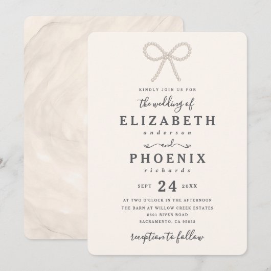 Invitation Simple Elegant Antique Pearl Pearl Bow Wedding (Devant / Derrière)
