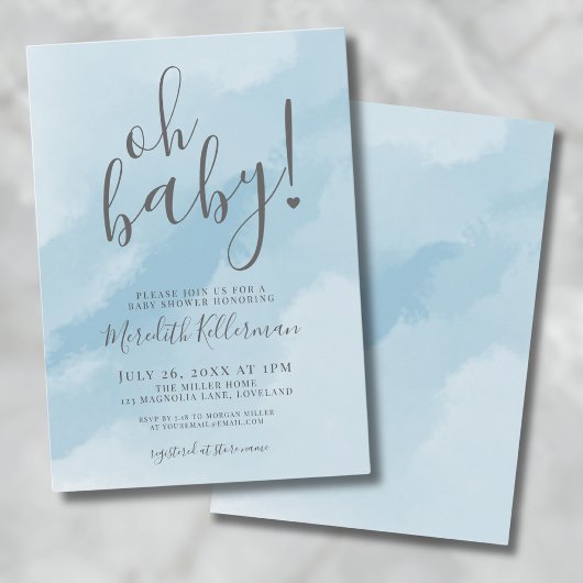 Invitation Simple Elegant Aquarelle Bleu Oh Baby shower