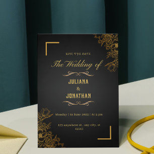 Invitation Simple Elegant Black & Gold Floral Enregistrer la 