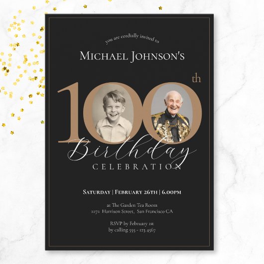 Invitation Simple Elegant Black Gold Photo 100e anniversaire