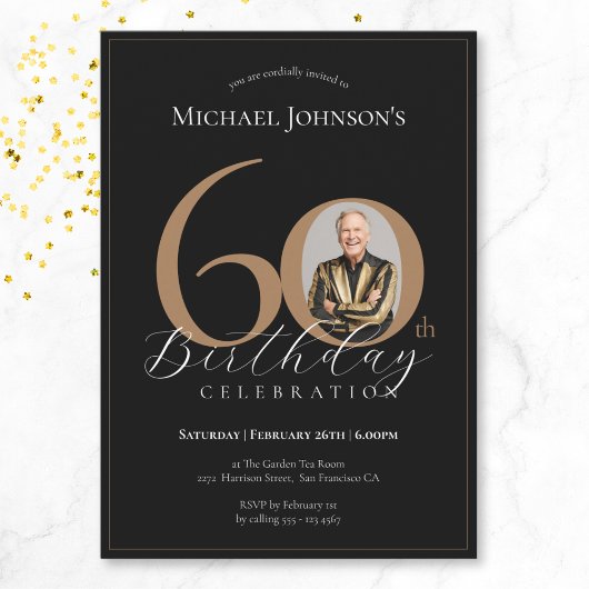 Invitation Simple Elegant Black Gold Photo 60e anniversaire