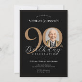Invitation Simple Elegant Black Gold Photo 90e anniversaire (Devant)