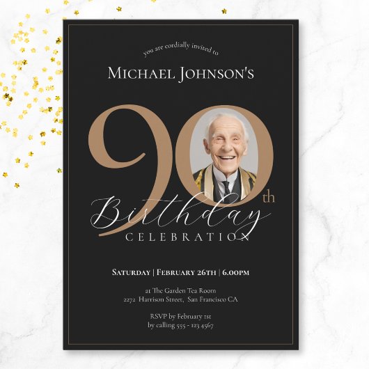 Invitation Simple Elegant Black Gold Photo 90e anniversaire