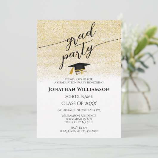 Invitation Simple Elegant Black Gold Script Graduation Party (Debout devant)